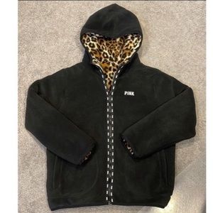 HTF RARE VS PINK Reversible Cheetah Sherpa and Black Zip Up Hooded Jacket